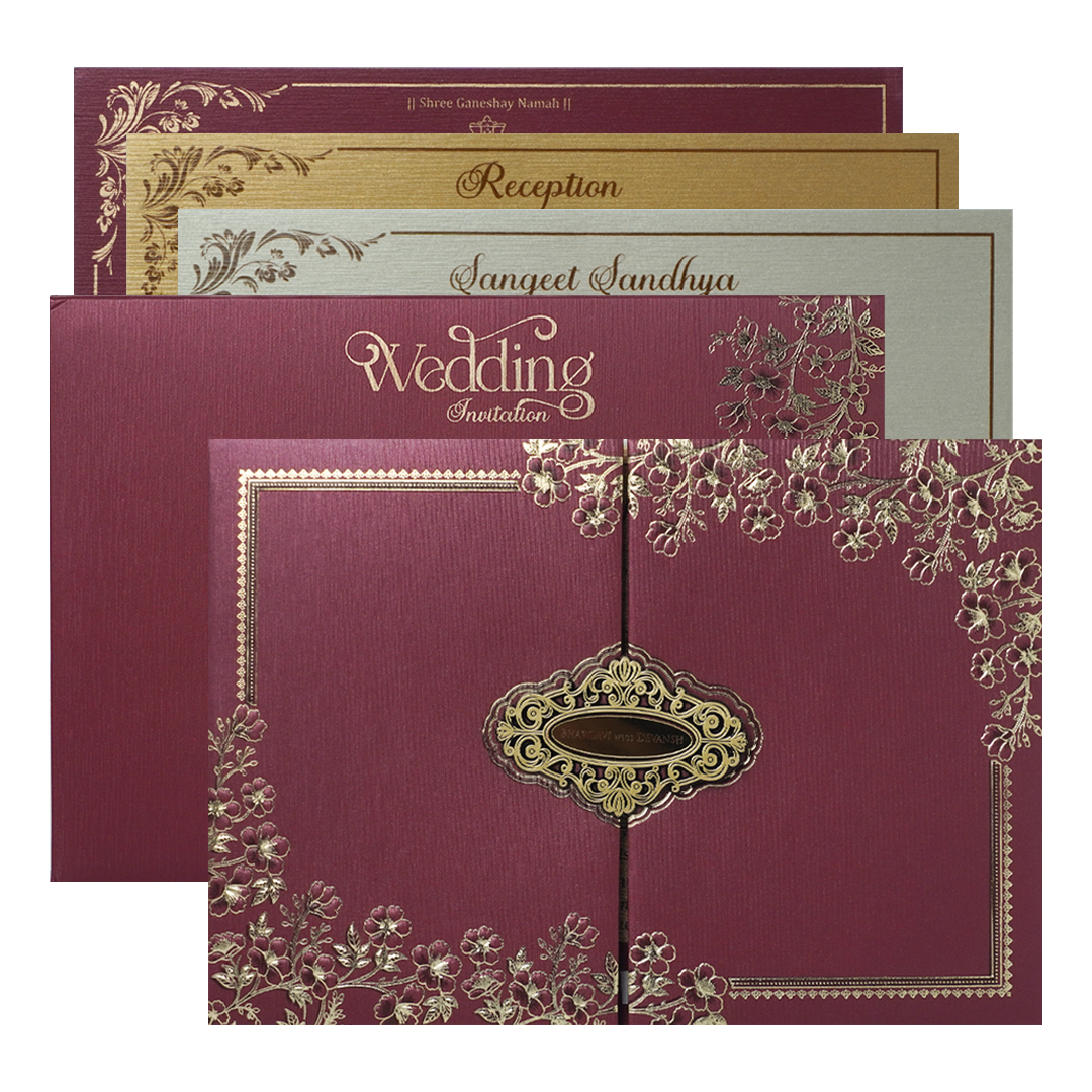 Maroon Gold Floral Padded Wedding Card-KSSC2140