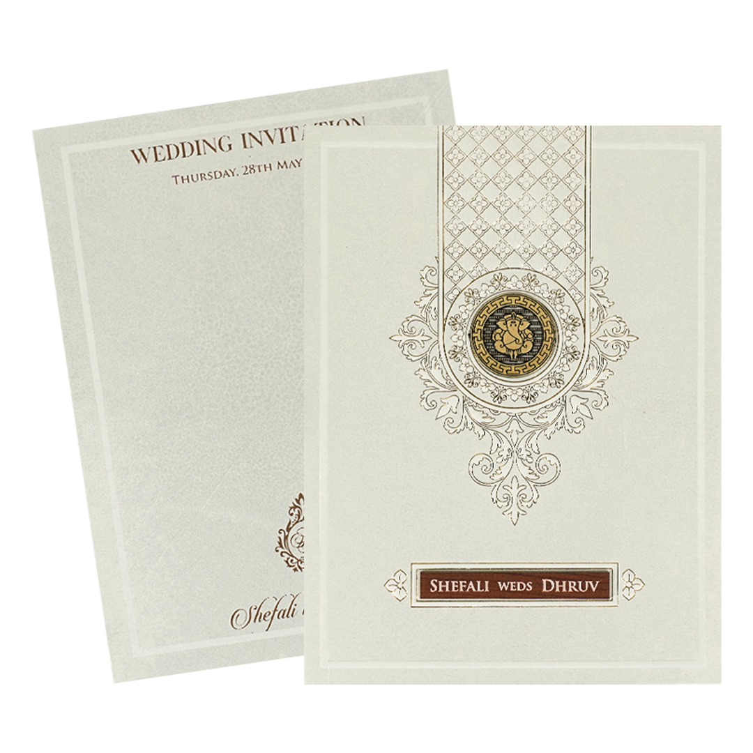 White Monogram Ganesha Embossed Wedding card-KRE28440