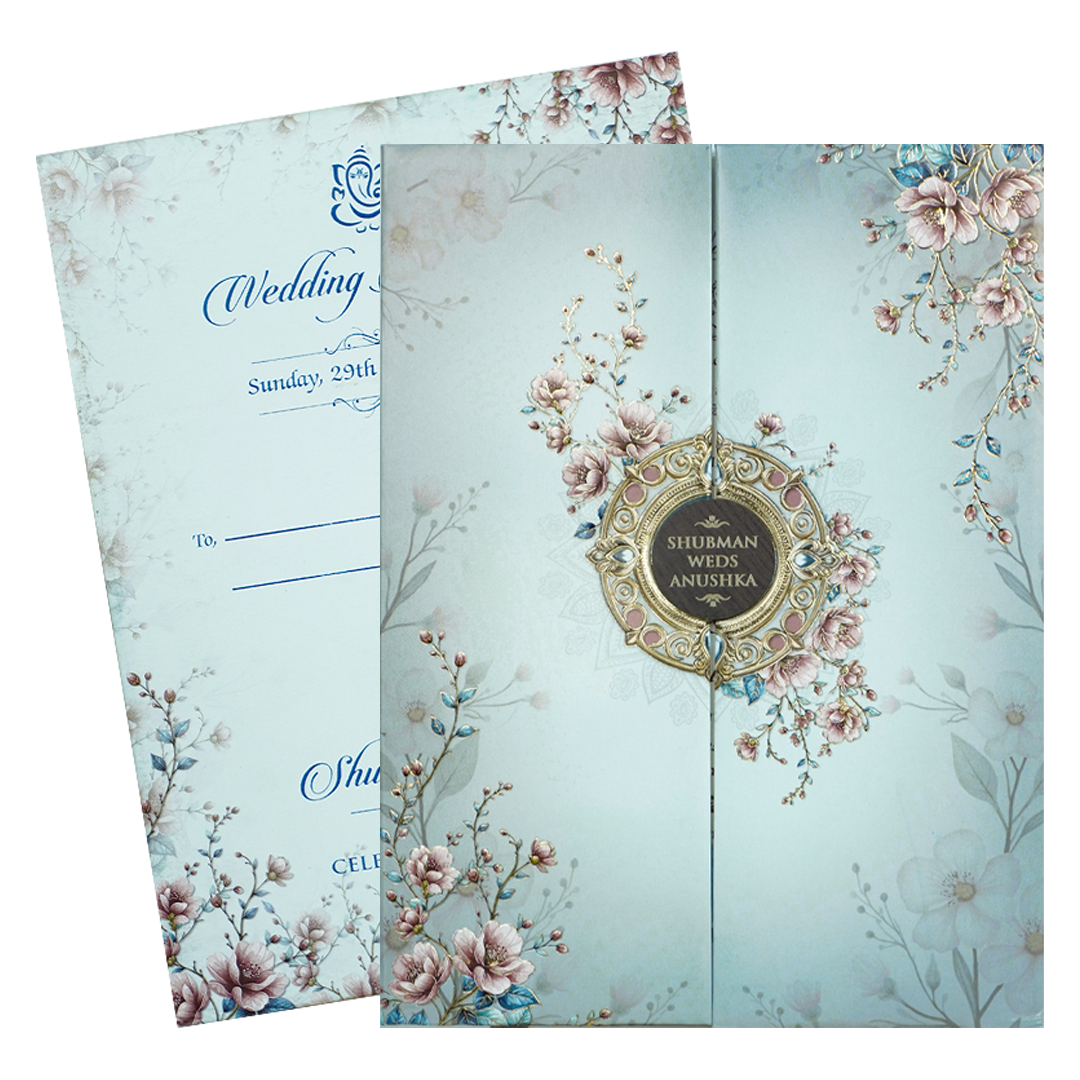 Blue Floral Padded Wedding Card-KRB09300