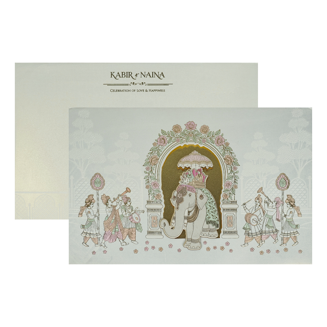 Check out White Gold Floral Barat Padded Wedding Card at best price.WhatsApp Support|Express Delivery.