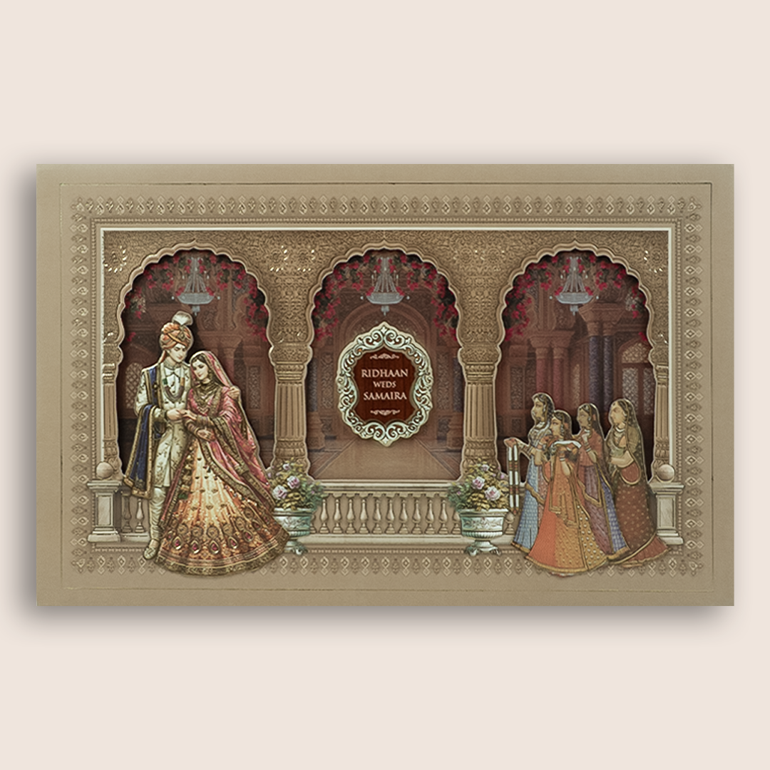 Pastel Brown Bride Groom Laser Cut Padded Invitation Card - KVN08080