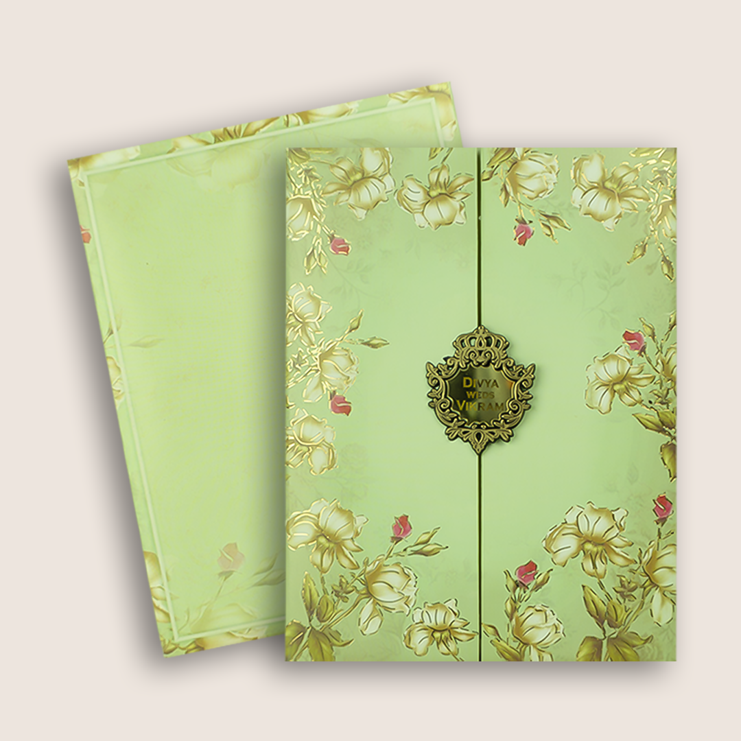 Green Floral Door Style Wedding Card - KNKC4097