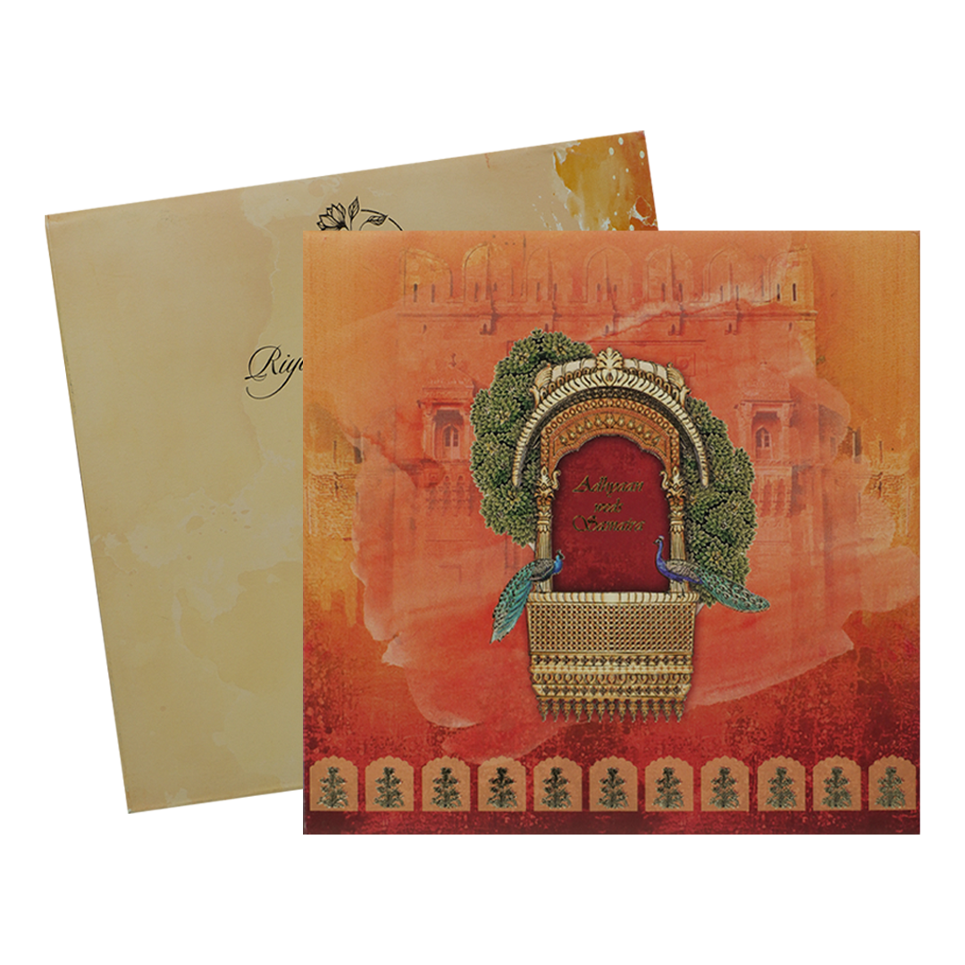 Orange Padded Peacock Palace Wedding Card-KRC31490