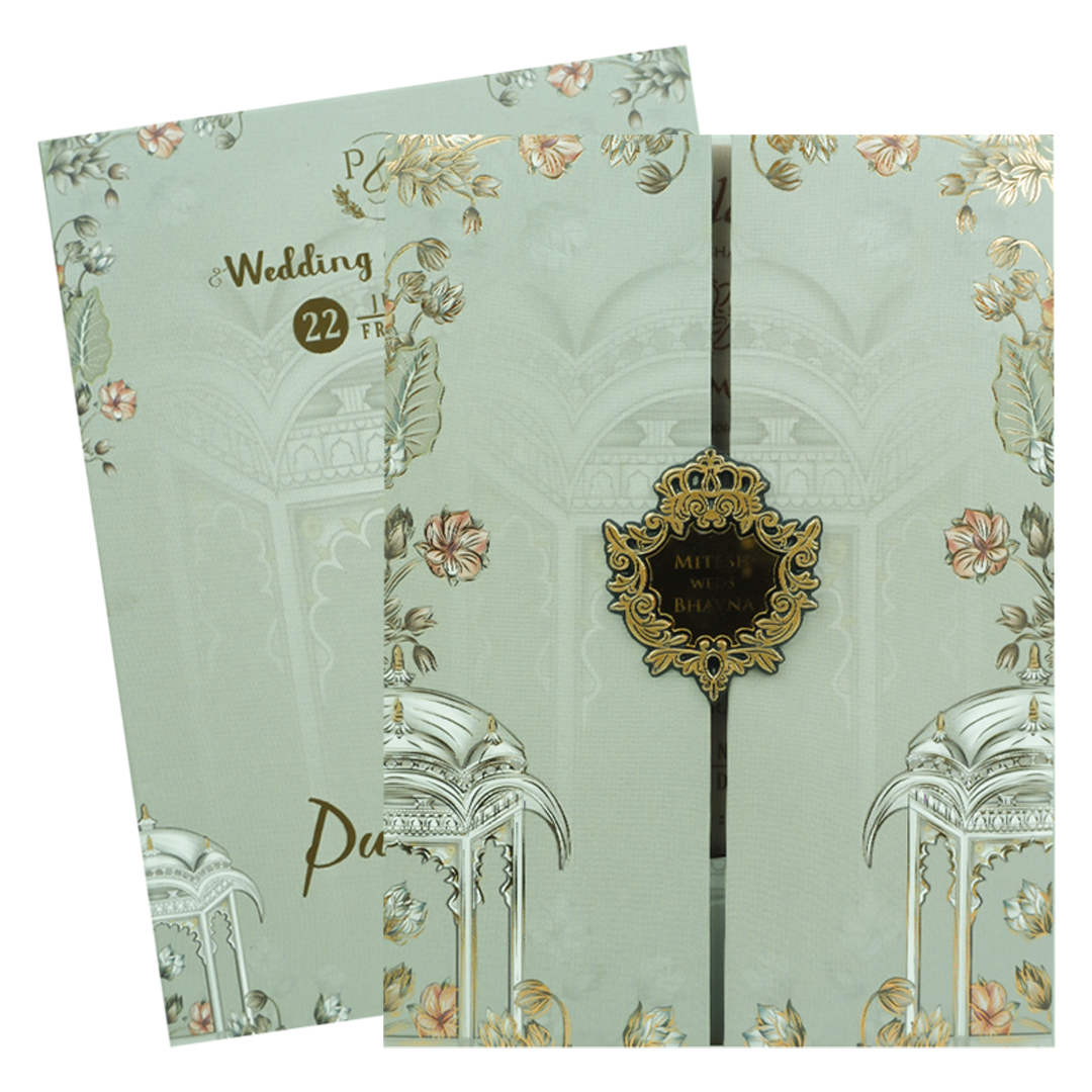 Grey Gold Floral Padded Wedding Card-KJTS1823