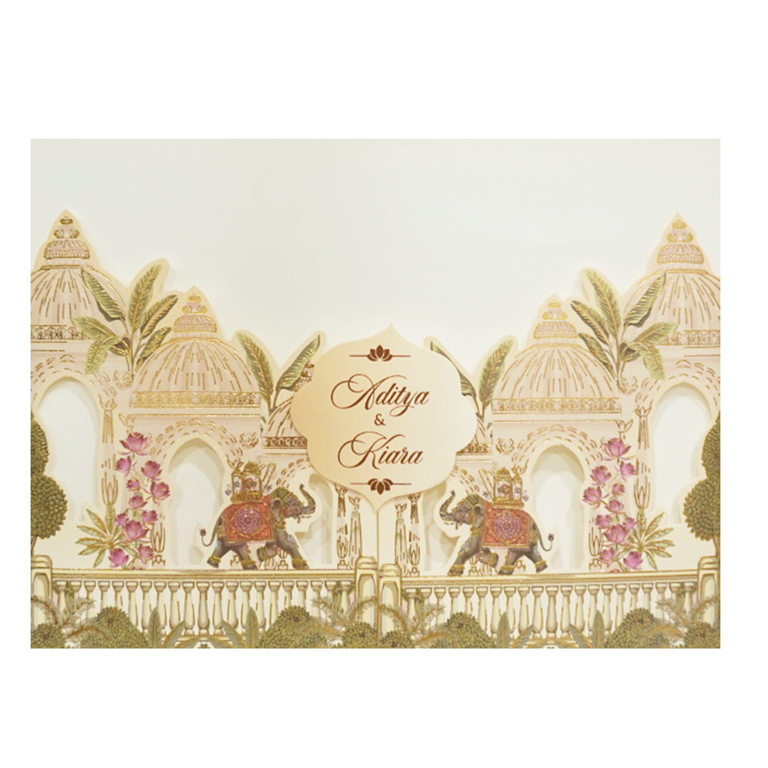 Cream Palace Elephant Procession Openable Wedding Card - KFR16430