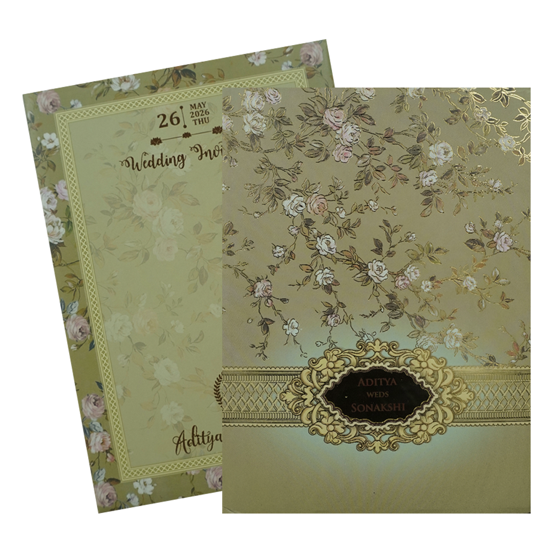 Green Floral Gold Frame Padded Wedding Card-KRE27260