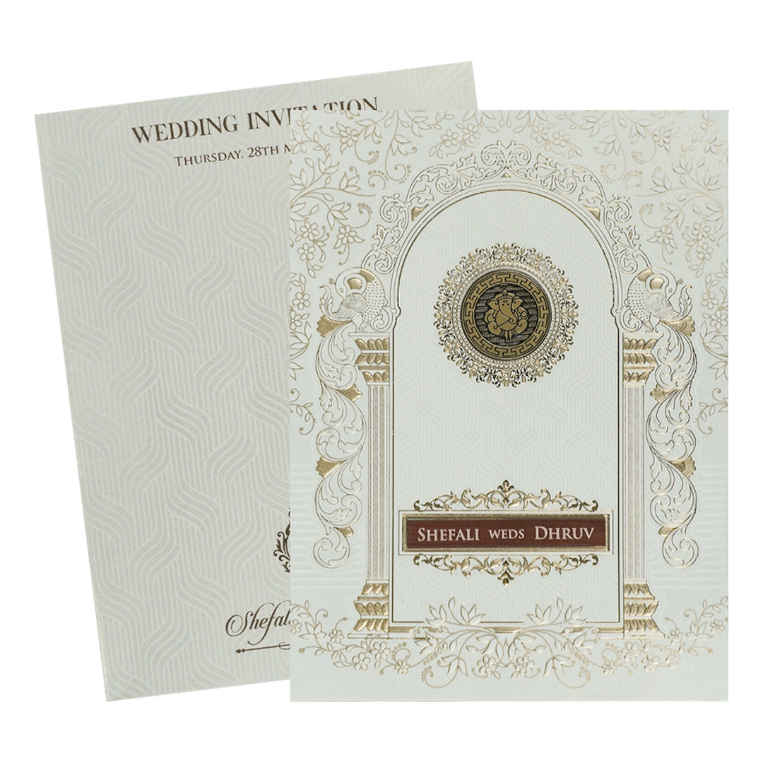 White Ganesha Arch Wedding Card-KRE28410