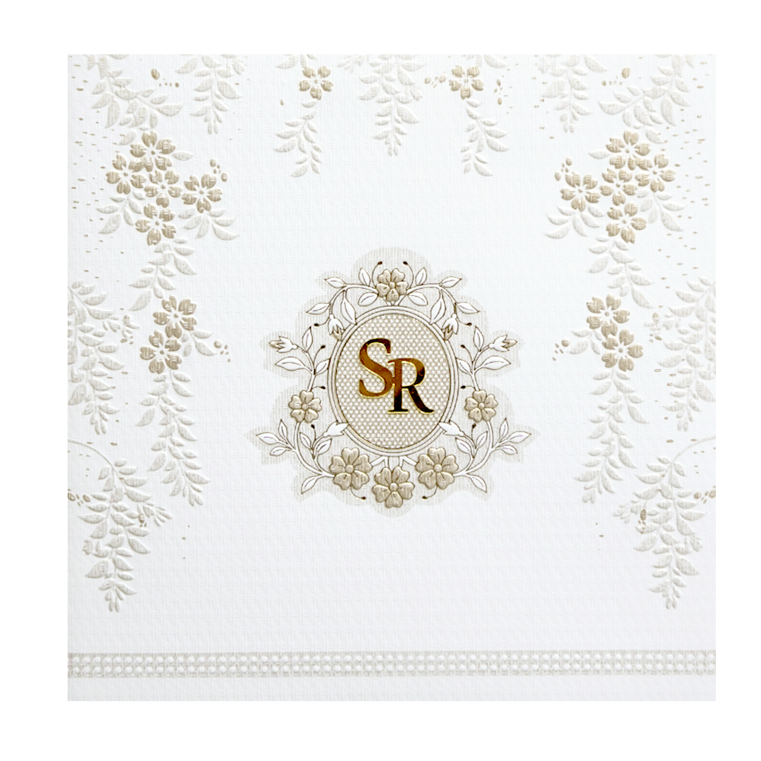 White Floral Embossed Padded Classic Wedding Card - KMMWD1102