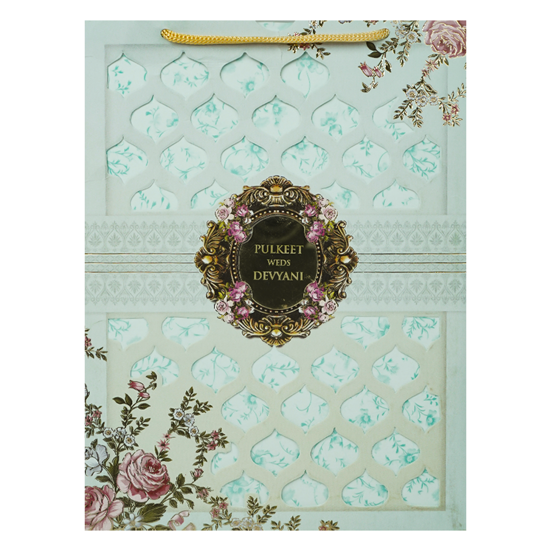 Pastel Blue Floral Jaali Bag Wedding Card-KJTS1838