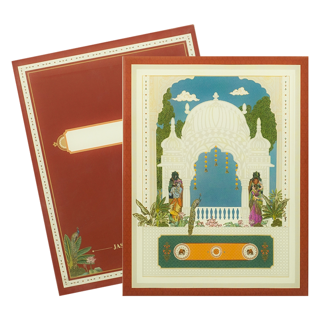 Maroon Radha Krishna Padded Wedding Card - KBM05150