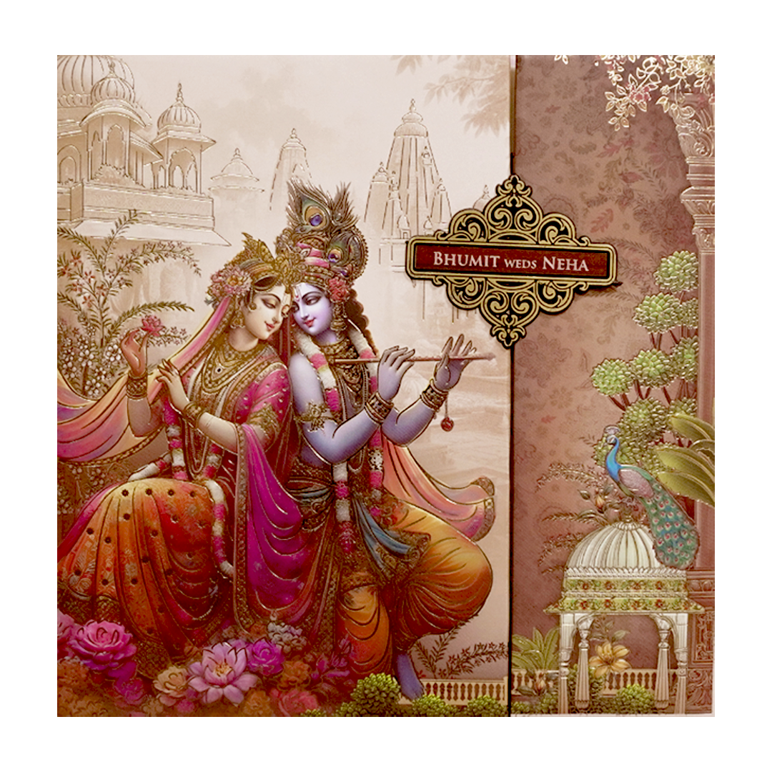 Pastel Brown Krishna Radha Padded Wedding Card - KSH72820