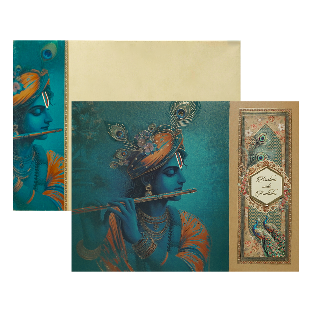 Blue Lord Krishna Peacock Wedding Card-KAK01190