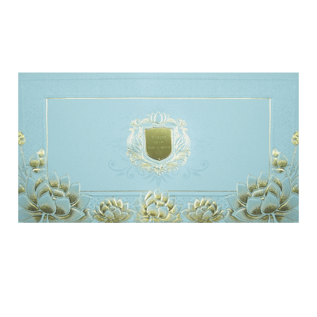 Blue Lotus Gold Foil Luxury Wedding Invitation Card