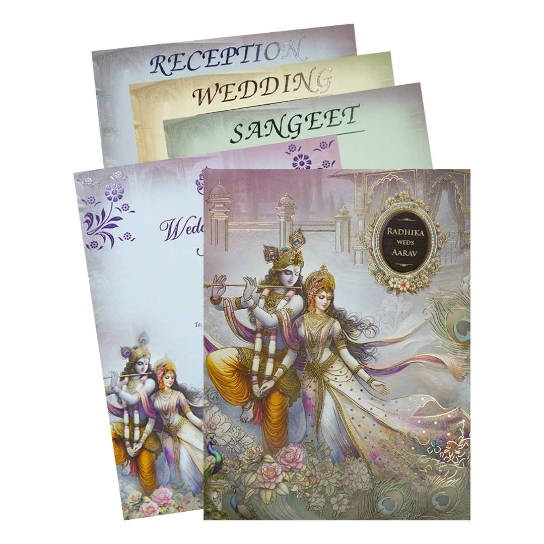 Lavender Krishna Radha Padded Wedding Card-KSH72370