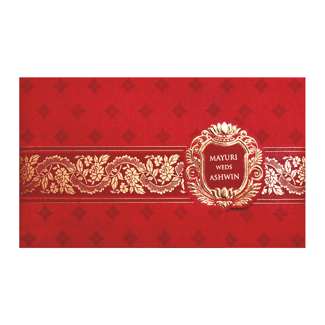 Red Gold Floral Border Wedding Invitation Card-KPR06410