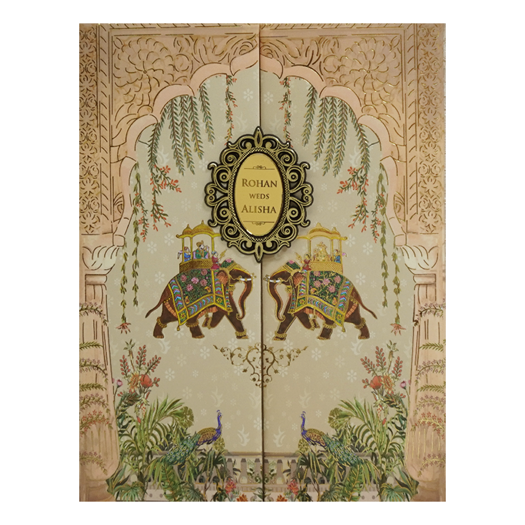 Beige Gold Elephant and Peacock Theme Wedding Card - KFR16450