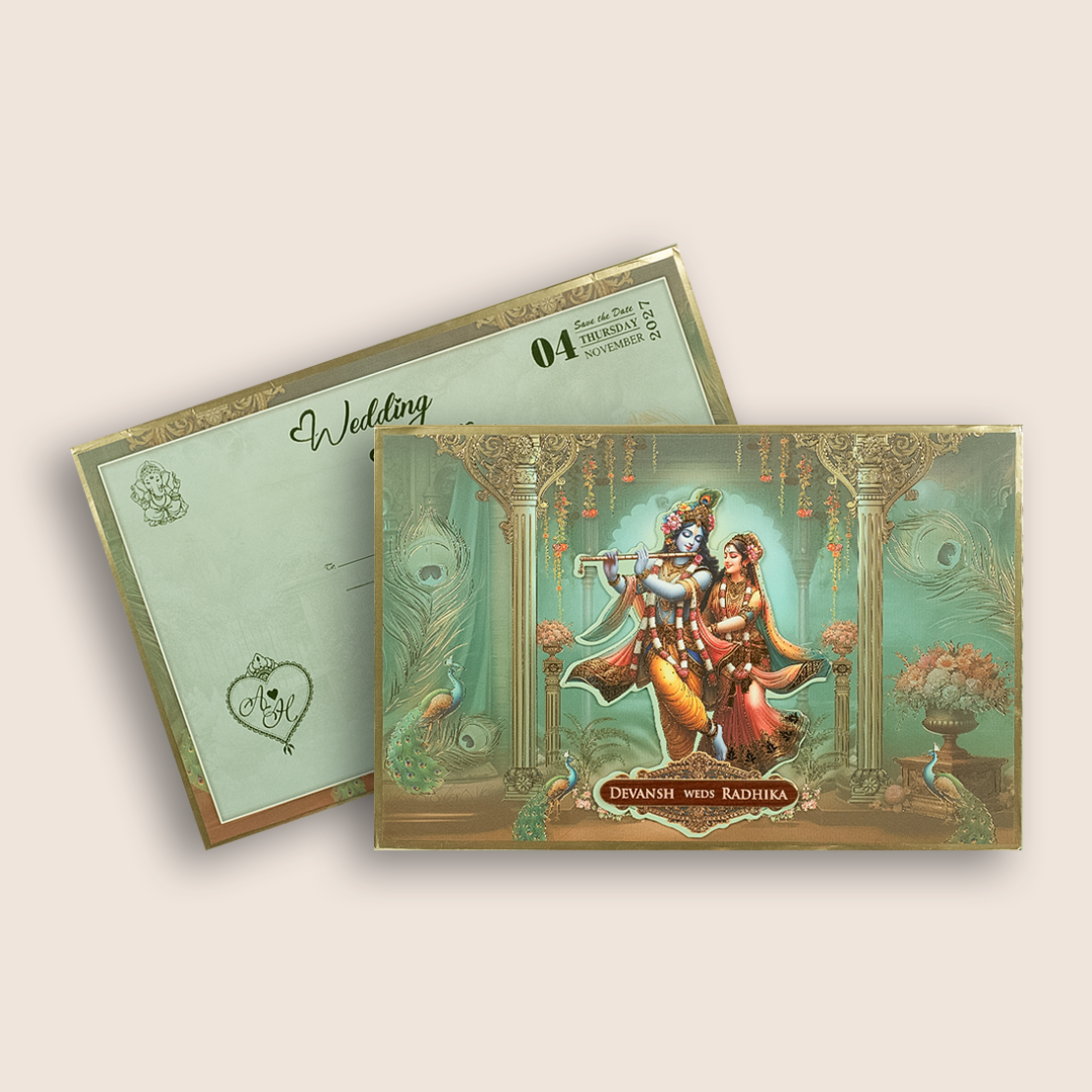 Teal Green Radha Krishna Padded Wedding Invitation - KSH18060