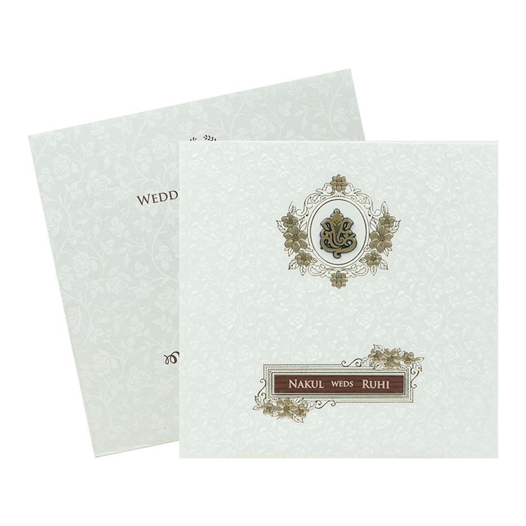 White Ganesha Floral Embossed Wedding Card-KRE28550