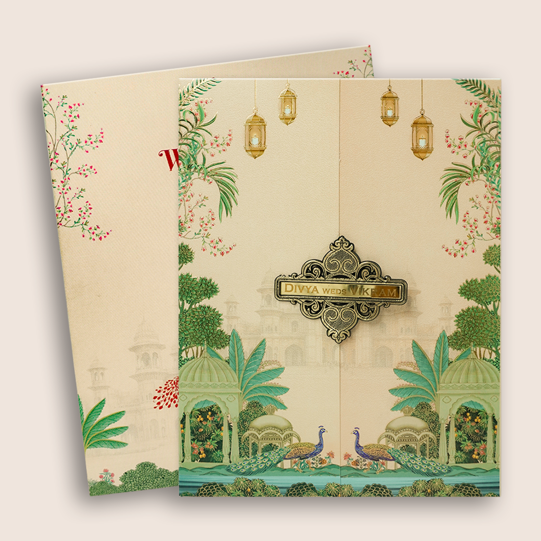 Pink Padded Peacock Palace Wedding Card-KNKN6320