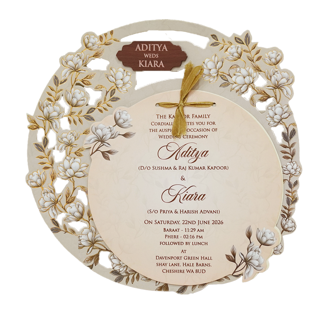 Check out Grey Floral Circular Insert Wedding Card at best price. ✅WhatsApp Support ✅Express Delivery.|King of cards.