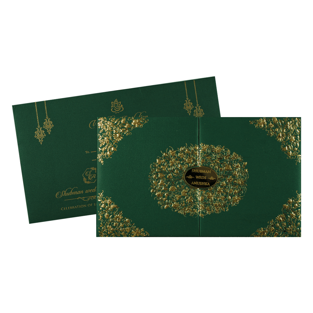 Green Gold Medallion Padded Wedding Card-KRB09330