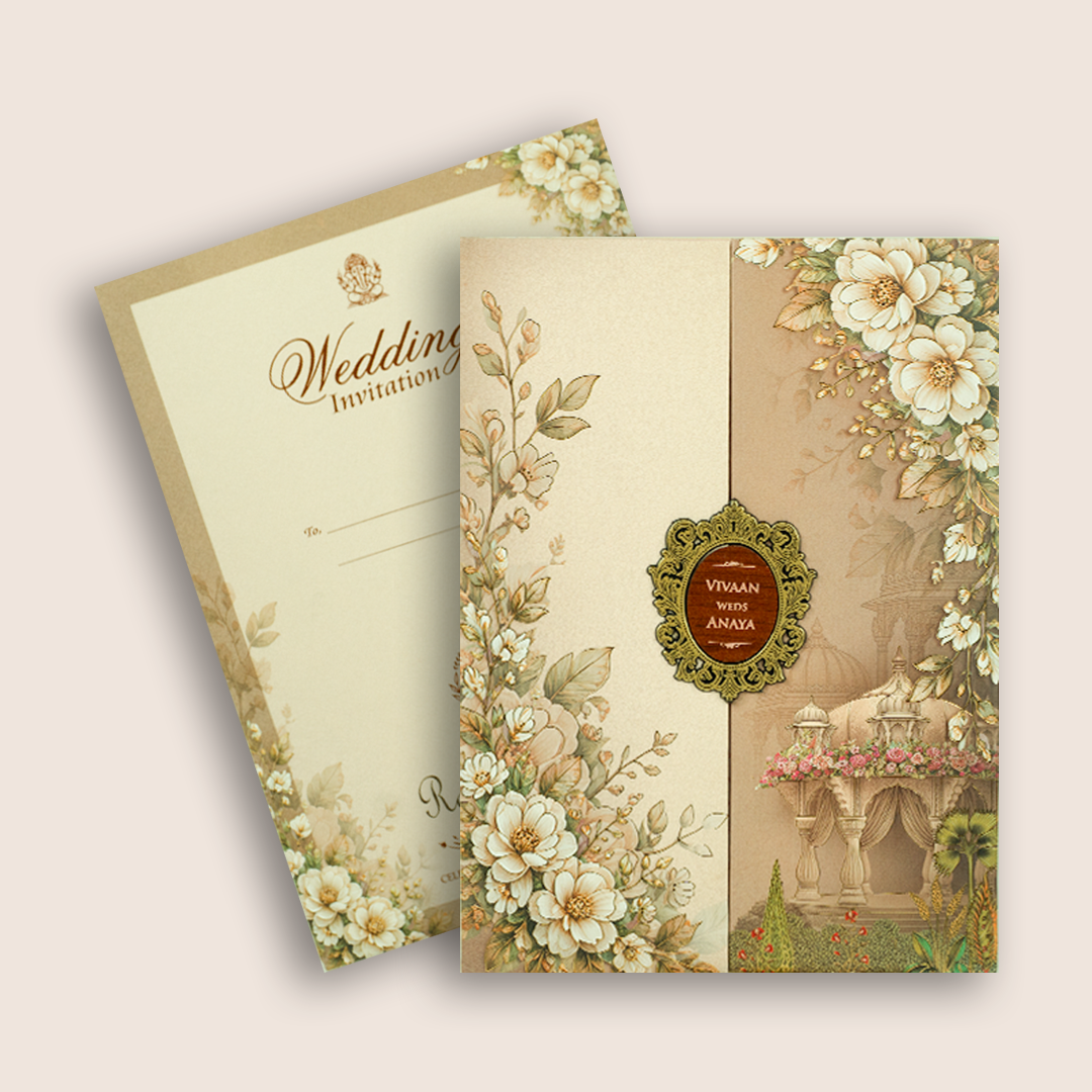 Pastel Brown Floral Door Style Padded Wedding Invitation - KSH27070