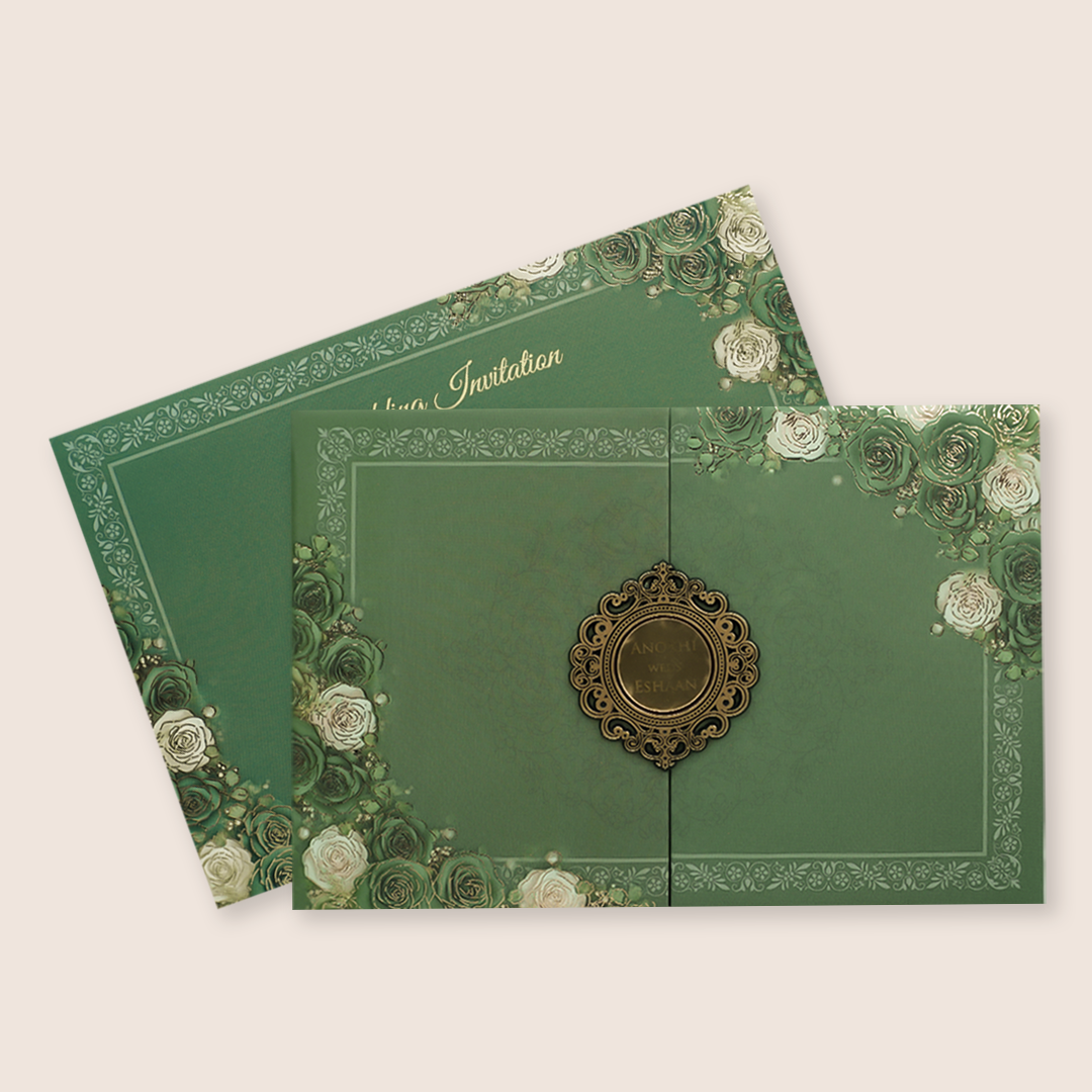 Green Floral Padded Door Style Invitation Card - KJTS3672