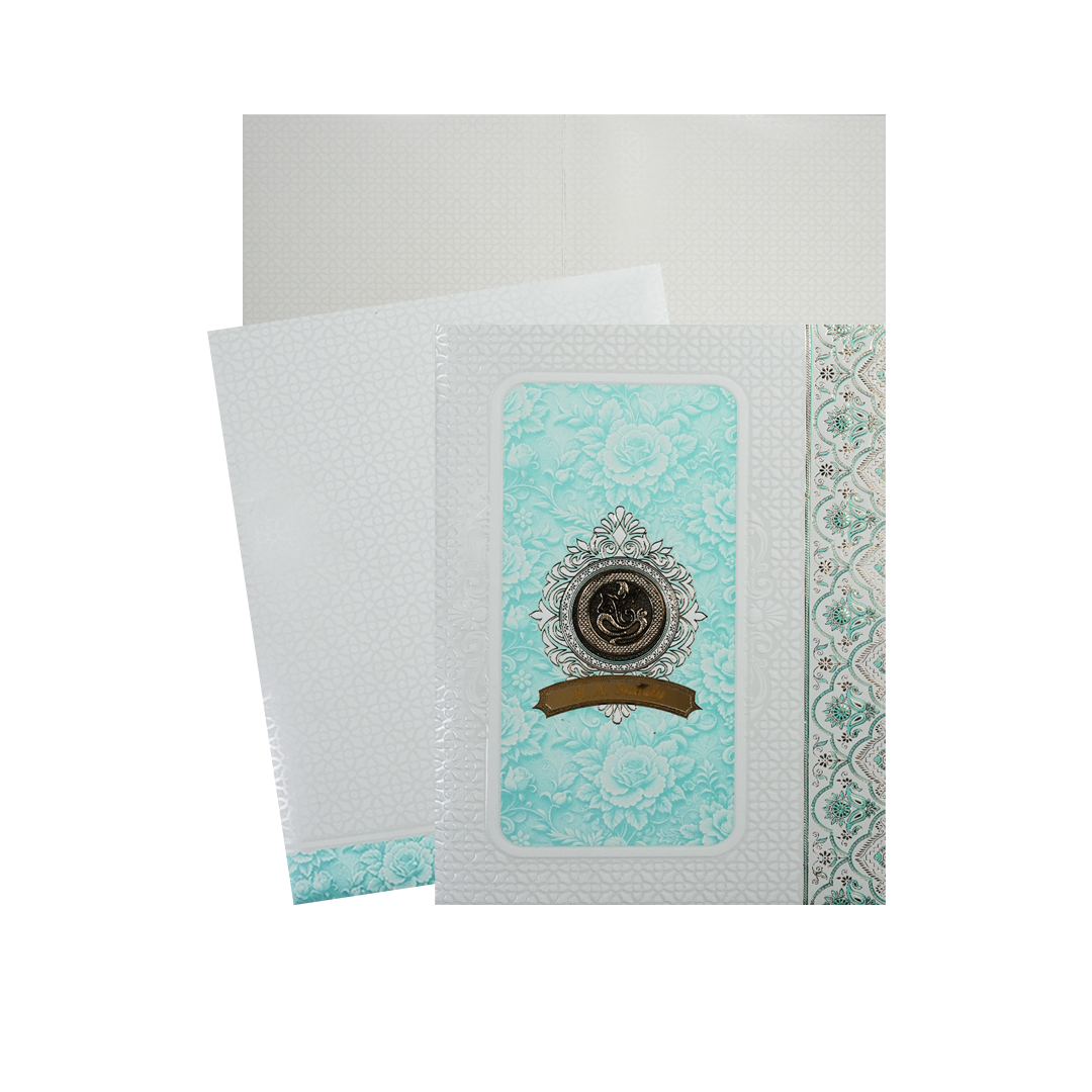 Blue Ganesha Floral Embossed Wedding Card-KNJS2087B