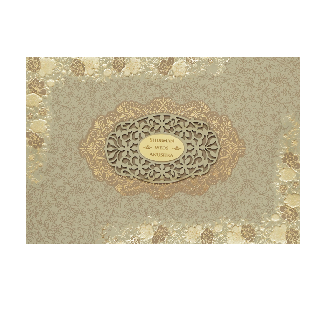 Beige Padded Embossed Floral Wedding Invitation Card-KRB09792