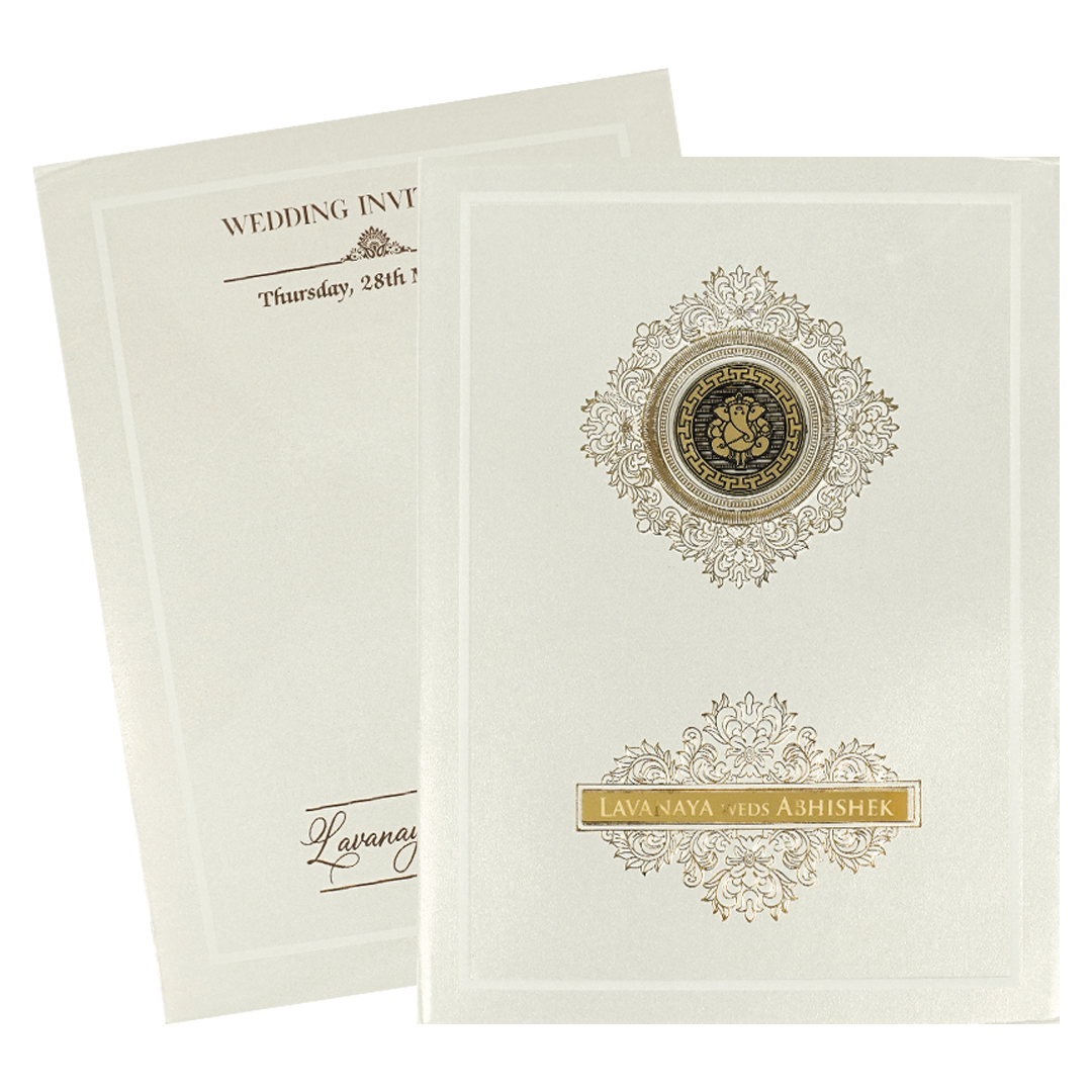 White Ganesha Medallion Floral Padded Wedding Card-KRE26300