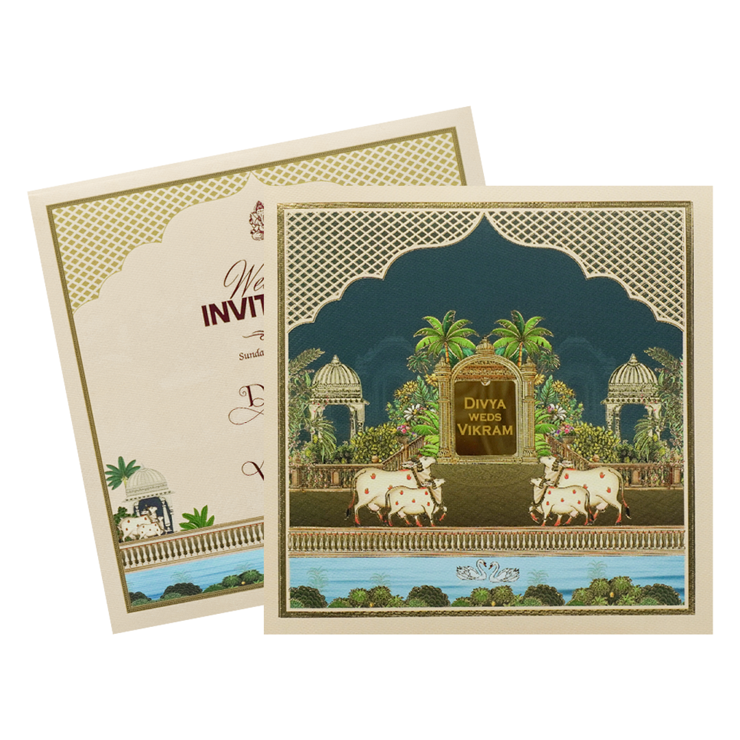 Blue Floral Kamadhenu Wedding Card-KNKD8113