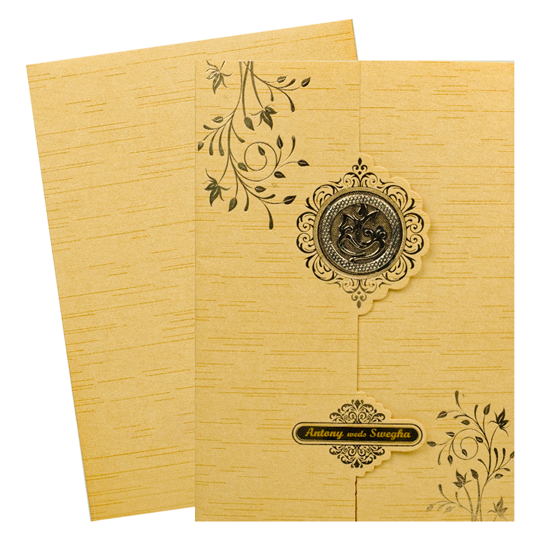 Gold Ganesha Motif Folder Wedding Card-KNT2701GL