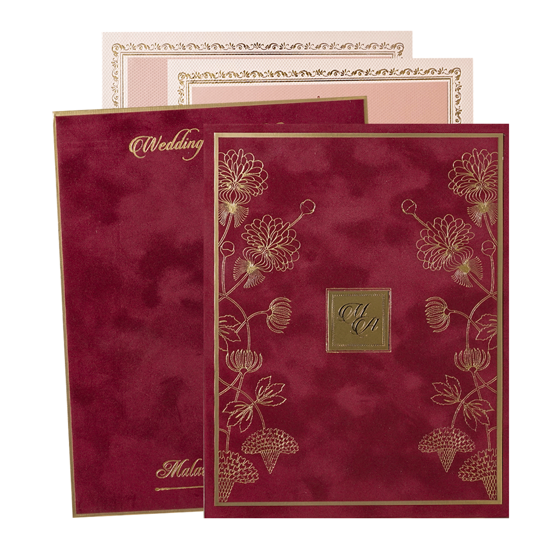 Maroon Floral Padded Wedding Card-KMMWD1156