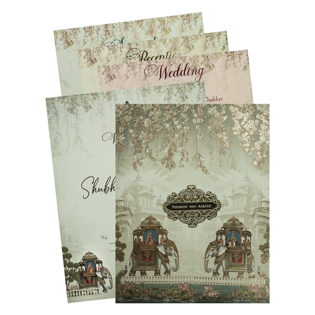 Green Elephant Baraat Wedding Card-KSH73300