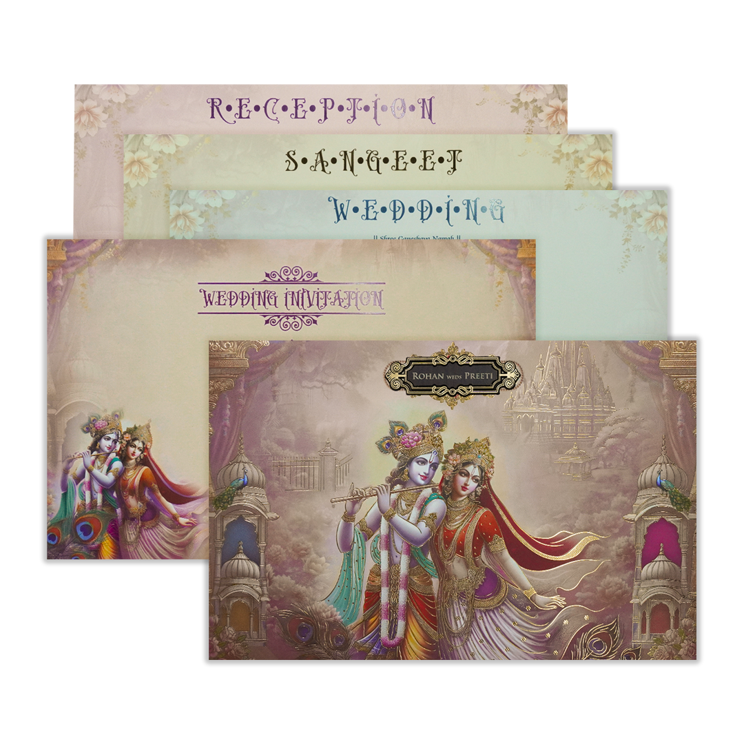 Pink Krishna Radha Padded Wedding Card-KSH72120