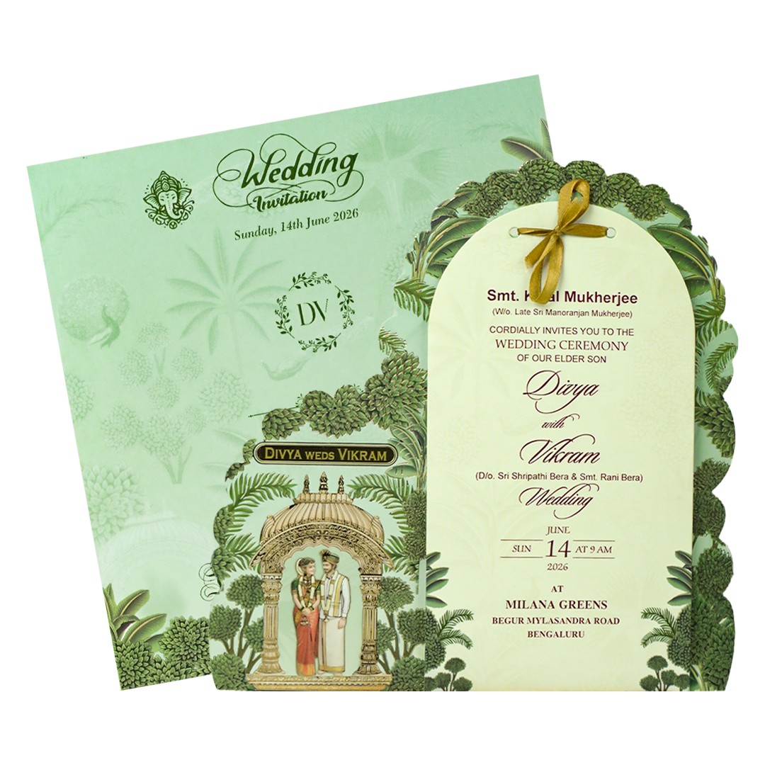 Green Laser-Cut Arch Wedding Invitation Card - KNBS3403