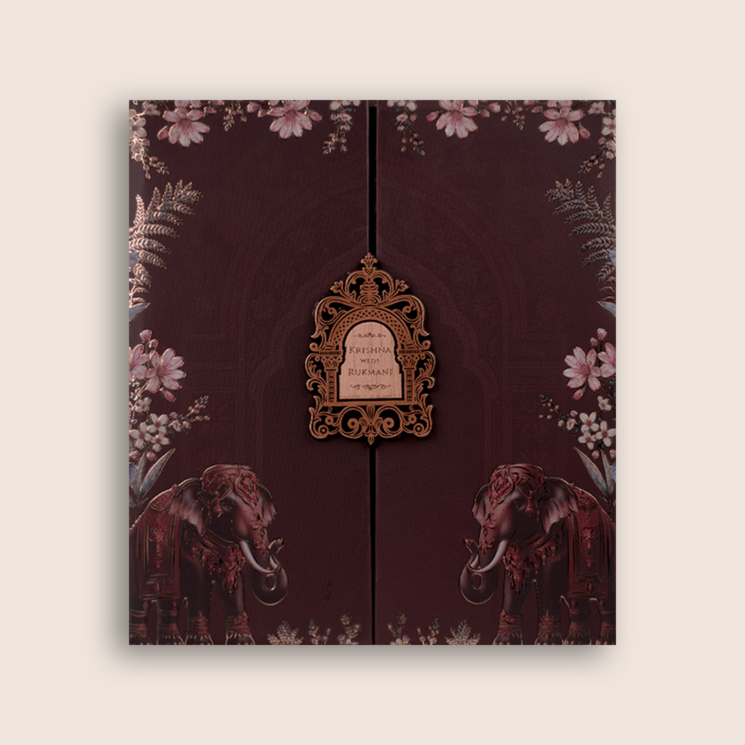 Brown Floral Padded Door Style Invitation Card - KJTS1936