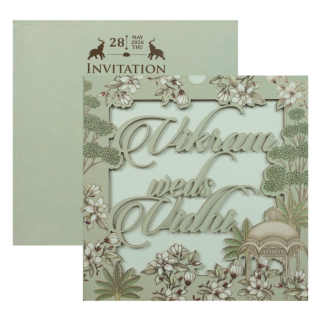 Green Pastel Floral Laser Cut Wedding Card-KRE26750