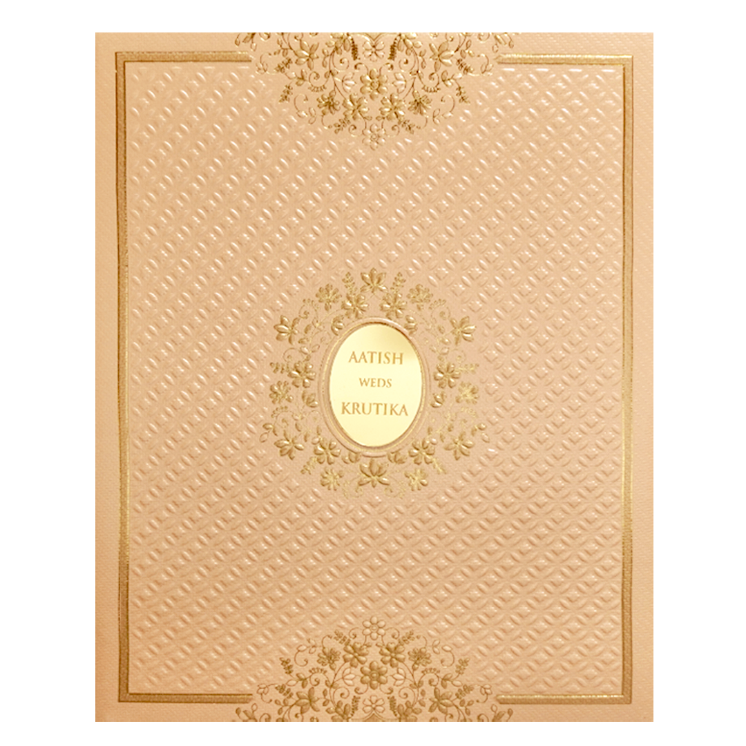 Orange Gold Embossed Floral Padded Wedding Card-KMMWD1136
