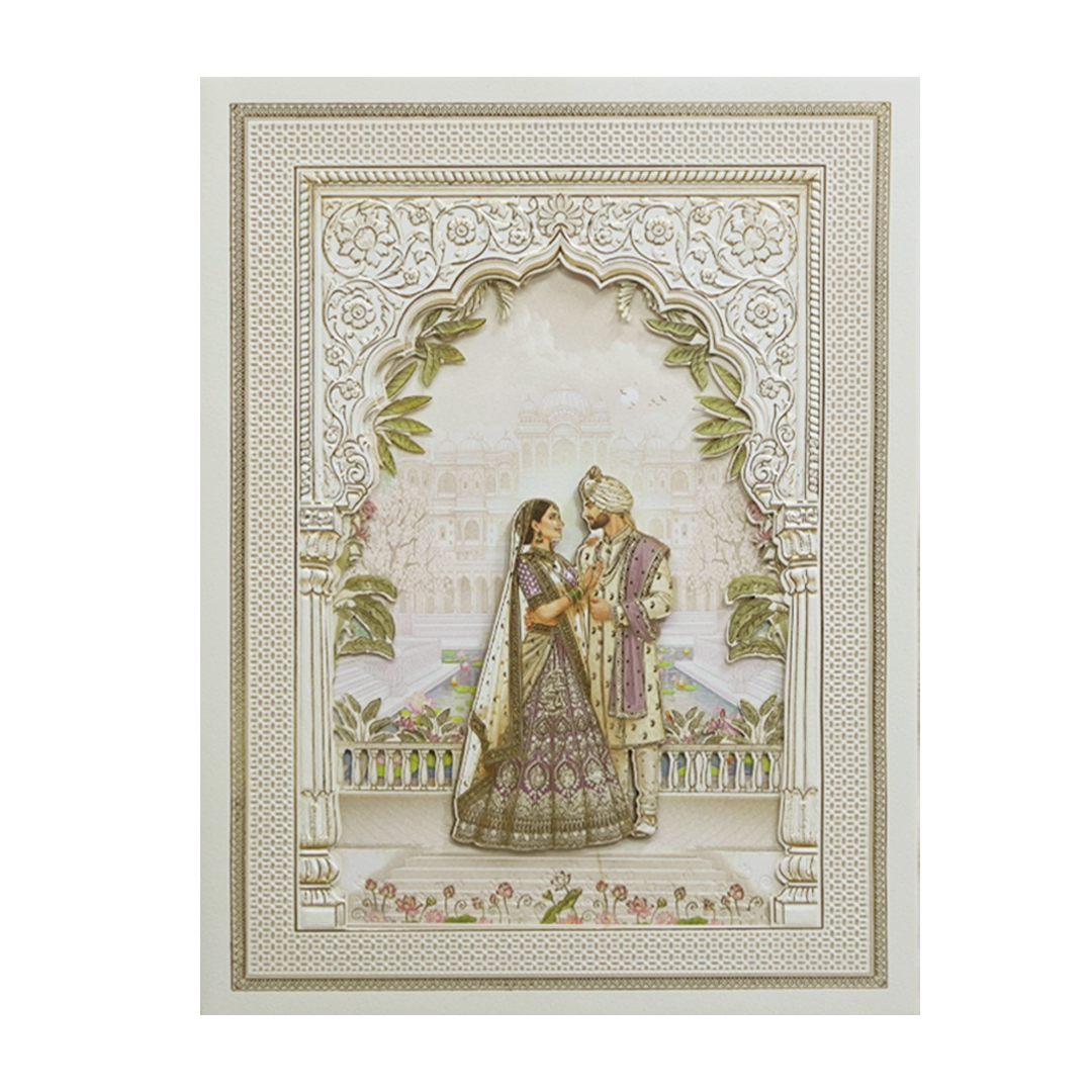Cream Padded Laser Cut Heritage Couple Wedding Card-KMMEX8170