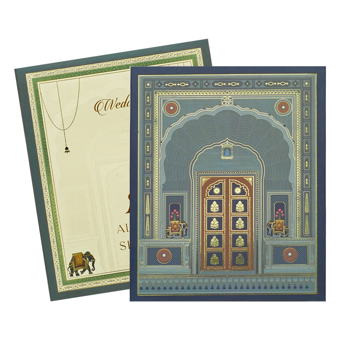 Blue Royal Arched Door Padded Wedding Card-KBM05130