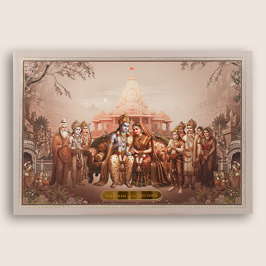 Warm Pink Lord Ram Sita Padded Wedding Card - KRB10750