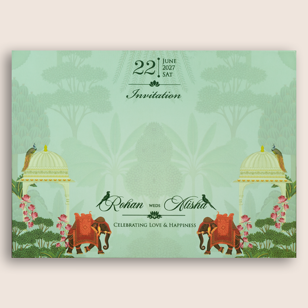 Pastel Green Embossed Elephant Padded Marriage Card - KFR15330