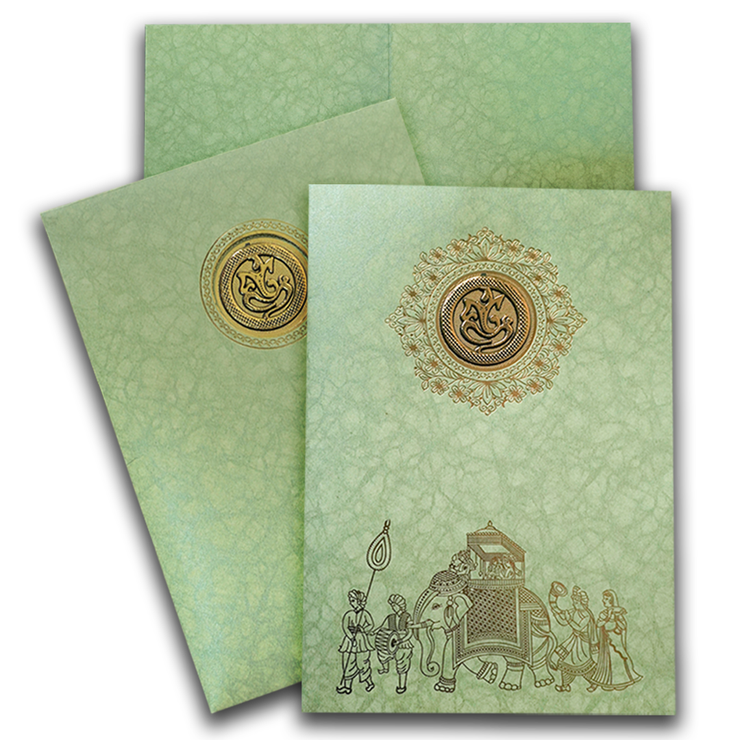 Green Elephant Baraat Wedding Card-KNKR039LG