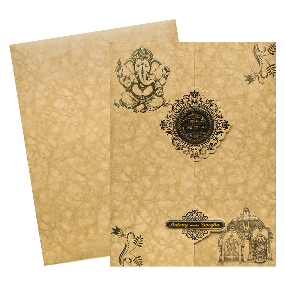 Gold Door Style Floral Ganesha Wedding Card-KNM2901B.