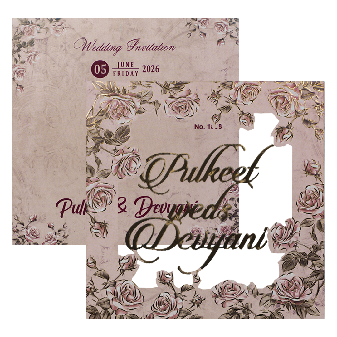 Pink Laser Cut Padded Wedding Card-KJTS1808