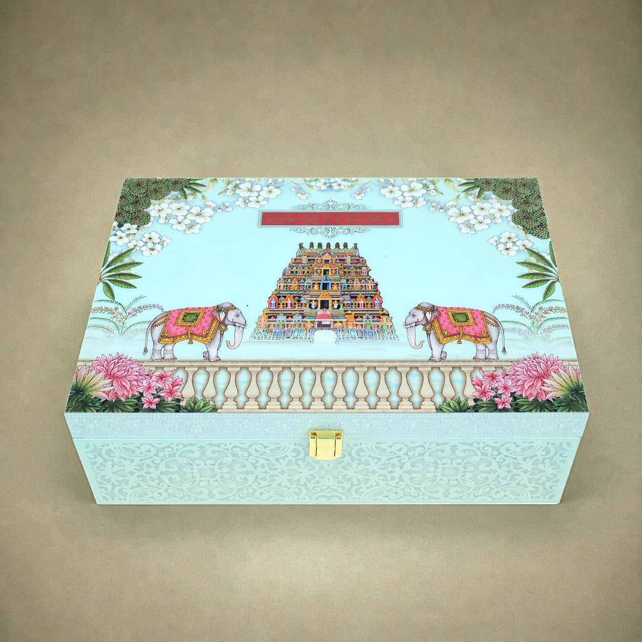 Blue Premium South Indian Temple Arch Luxury Invitation Box - KNLW202571