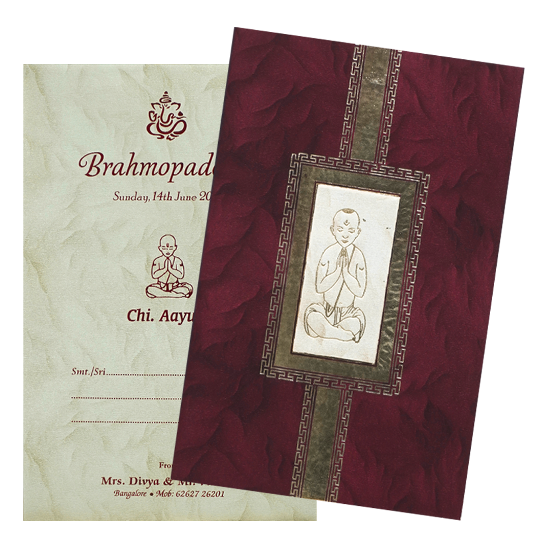 Maroon Gold Prayer Pose Wedding Card-KNPD1668