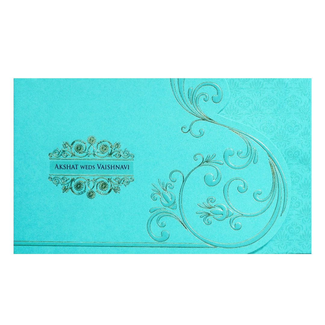 Blue Gold Foil Embossed Floral Wedding Invitation Card-KPR06440