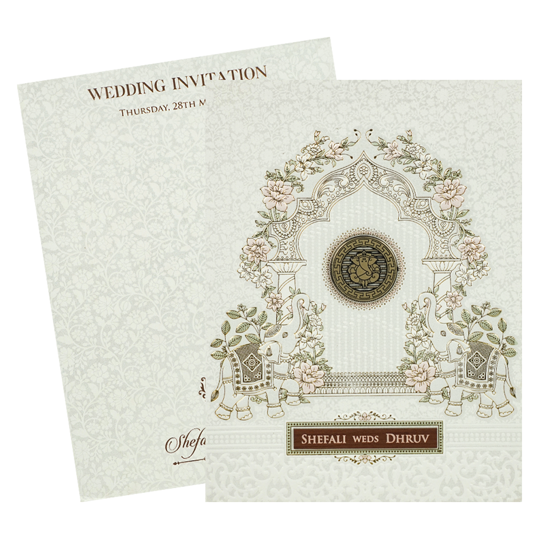 White Ganesha Elephant Embossed Wedding Card-KRE28390